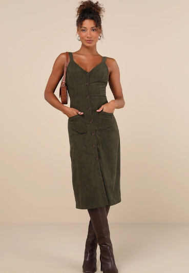 Certainly the Sweetest Olive Corduroy Button-Front Midi Dress