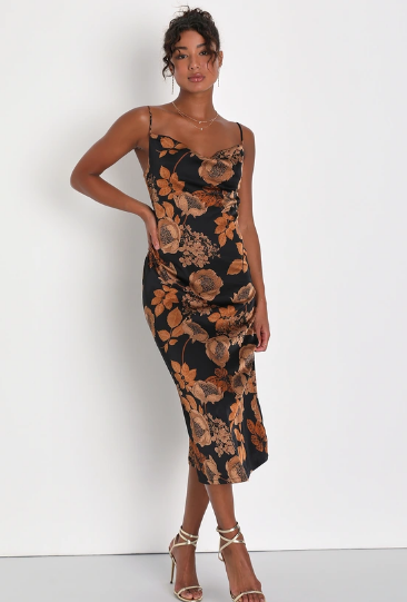 Favorite Icon Black Floral Satin Cowl Neck Slip Midi Dress