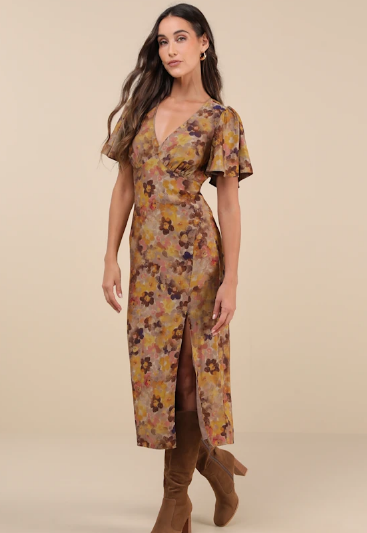 Marvelously Stylish Brown Floral Flutter Sleeve Midi Dress