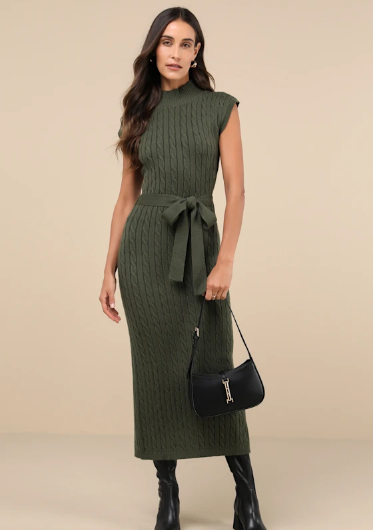Seasonal Grace Olive Green Cable Knit Mock Neck Midi Dress