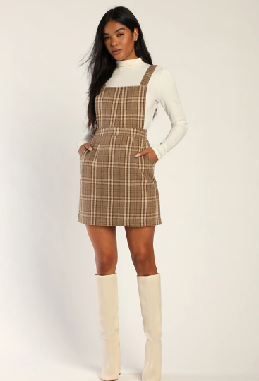 Plaid to Be Yours Beige and Brown Plaid Pinafore Mini Dress