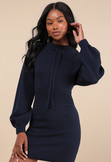 Laidback Moments Navy Blue Hooded Sweater Mini Dress