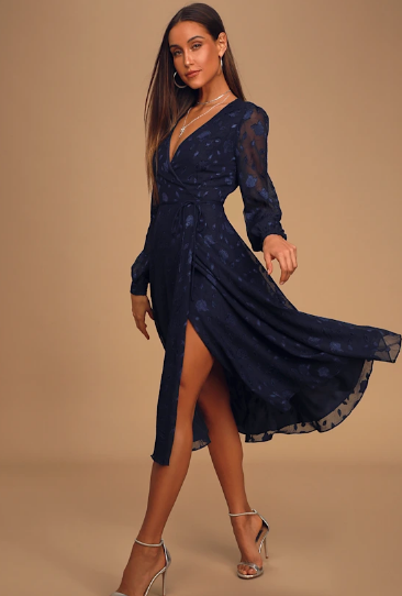 Evening of Elegance Navy Blue Floral Jacquard Wrap Midi Dress