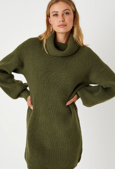Casual Coziness Olive Green Waffle Knit Cowl Neck Sweater Dress