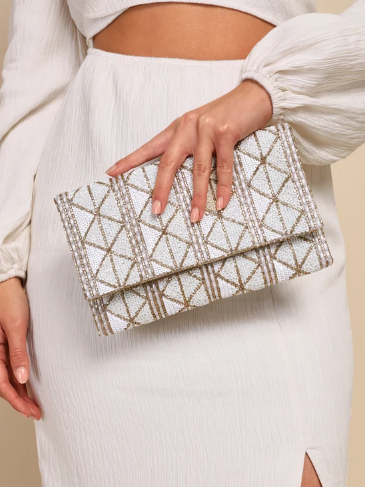 Glowing Perception Ivory and Gold Geometric Beaded Sequin Clutch