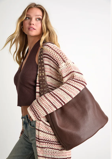 Ezell Dark Brown Vegan Leather Studded Tote Bag