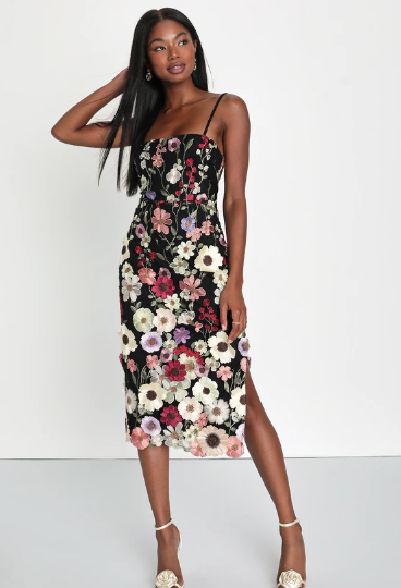Thriving Energy Black 3D Floral Embroidered Lace-Up Midi Dress