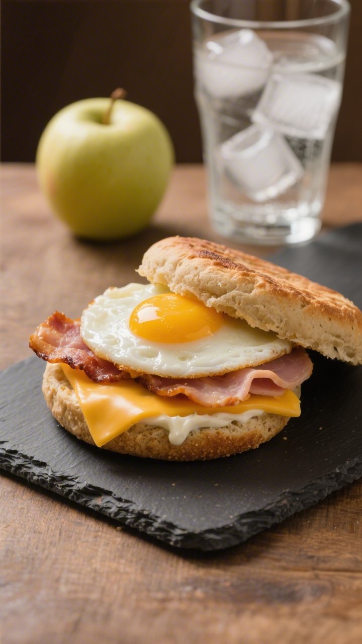 45-degree angle close-up of a cozy high-protein breakfast sandwich: a toasted whole-grain English muffin layered with 1 large egg plus fluffy 2 egg whites, a melted reduced-fat cheddar slice, turkey bacon (or lean turkey deli slice), and a thin swipe of light mayo or Greek yogurt. Serve on a small slate board with a small apple, and a tall glass of ice water with 3 ice cubes in the background. Warm, comforting tones, shallow depth of field highlighting melty cheese and muffin texture.