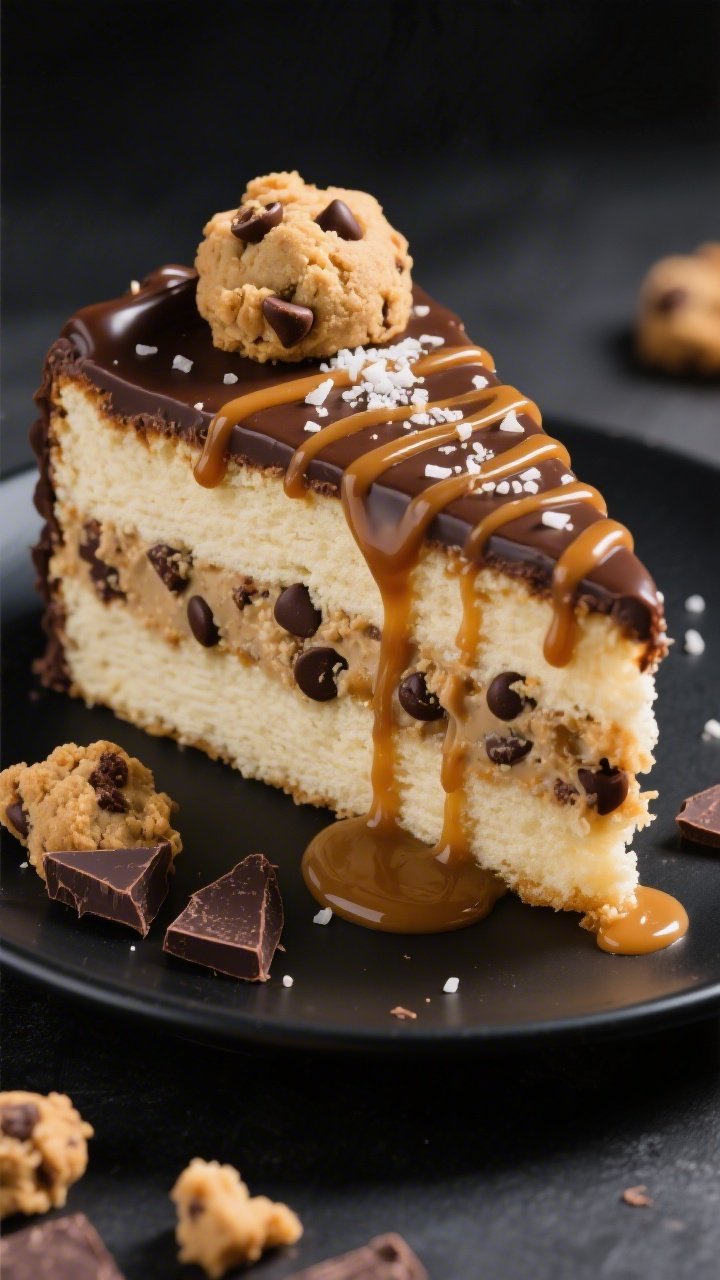 A 45-degree close-up of a Midnight Snack Cookie-Dough Cake slice on a matte black plate: thick vanilla cake layers swirled with ribbons of salty caramel, a safe-to-eat chocolate chip cookie dough filling visibly studded with mini chocolate chips, and a glossy caramel drip over chocolate ganache frosting. Sea salt flakes sprinkled on top, cookie dough scoops and broken chocolate chunks around the plate, with extra caramel pooled at the base. Warm, indulgent lighting highlights gooey caramel texture, fudgy ganache, and dense cookie-dough flecks.