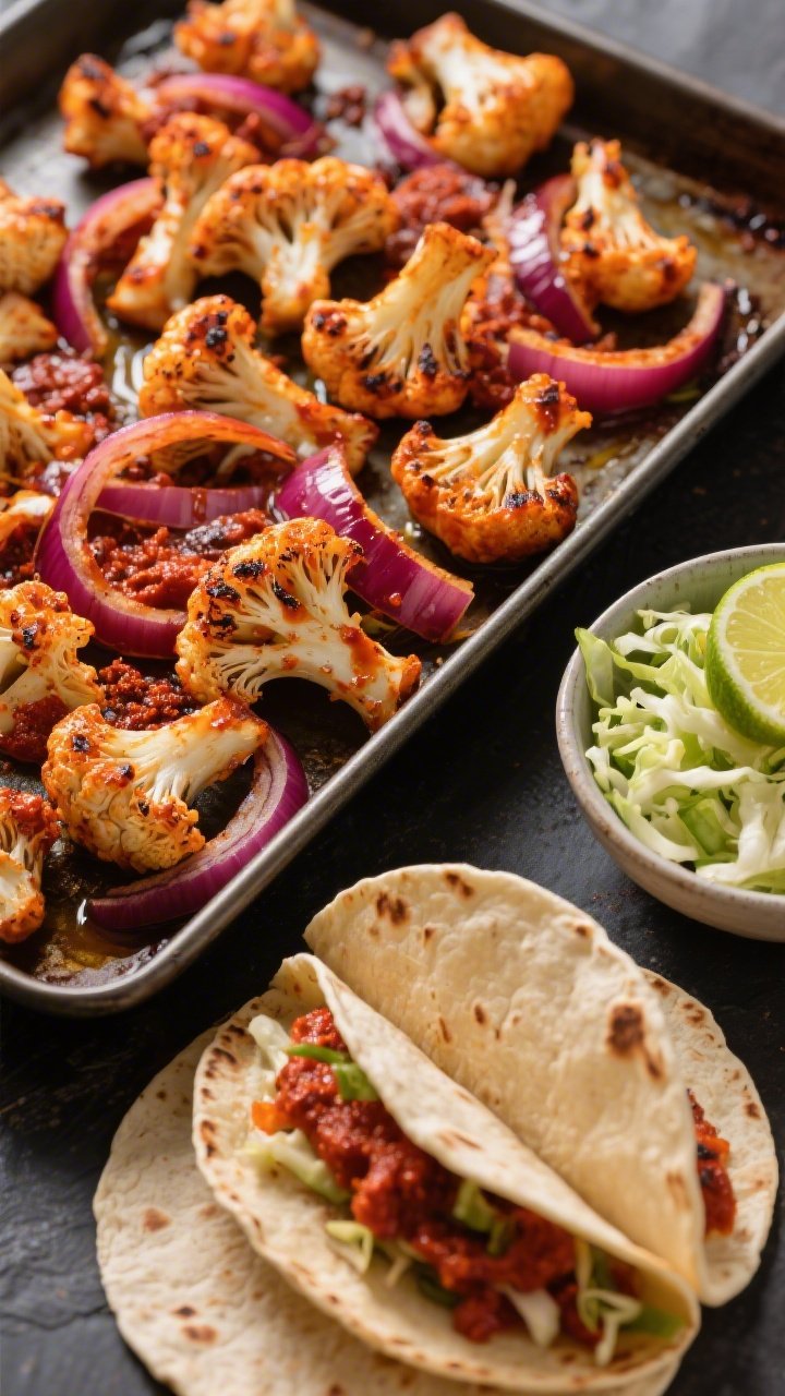 A vibrant 45-degree angle sheet-pan scene of harissa-roasted cauliflower tacos in the making: bite-size cauliflower florets and thick red onion slices tossed with olive oil, harissa paste, ground cumin, and a pinch of salt, roasted until charred at the edges. In the foreground, warmed tortillas ready to be filled; to the side, a bowl of zesty lime slaw with shredded cabbage and lime wedges. Emphasis on the deep red-orange harissa glaze and caramelized edges, styled on a dark sheet pan for contrast, no people, crisp detail and high saturation.