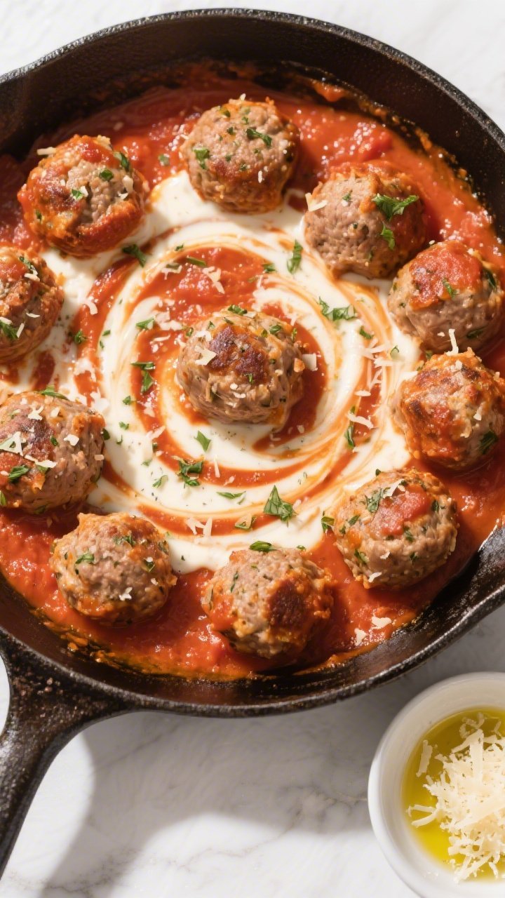 Ingredient-to-finish narrative overhead: herbed turkey meatballs nestled in a creamy tomato pan sauce; meatballs speckled with Italian seasoning and Parmesan, lightly browned; sauce a rich marinara blended with heavy cream, swirled for a marbled effect; small dish of grated Parmesan and a drizzle of olive oil nearby; clean, editorial styling with high contrast for appetizing depth.