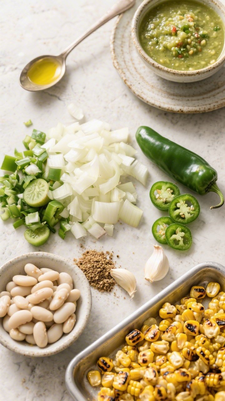 Overhead ingredient-and-prep flat lay for Roasted Corn & White Bean Chili Verde: neatly styled piles of diced onion, poblano, minced jalapeño (seeds visible on the side for “kick”), minced garlic, ground cumin in a tiny dish, drained white beans, and a tray of golden charred roasted corn kernels; a light green tomatillo-style salsa base in a bowl for the verde hue; olive oil spooned on a ceramic saucer; arranged on a pale stone surface with clean, fresh, bright lighting that emphasizes the green and yellow tones—crisp, vibrant, Southwestern mood.