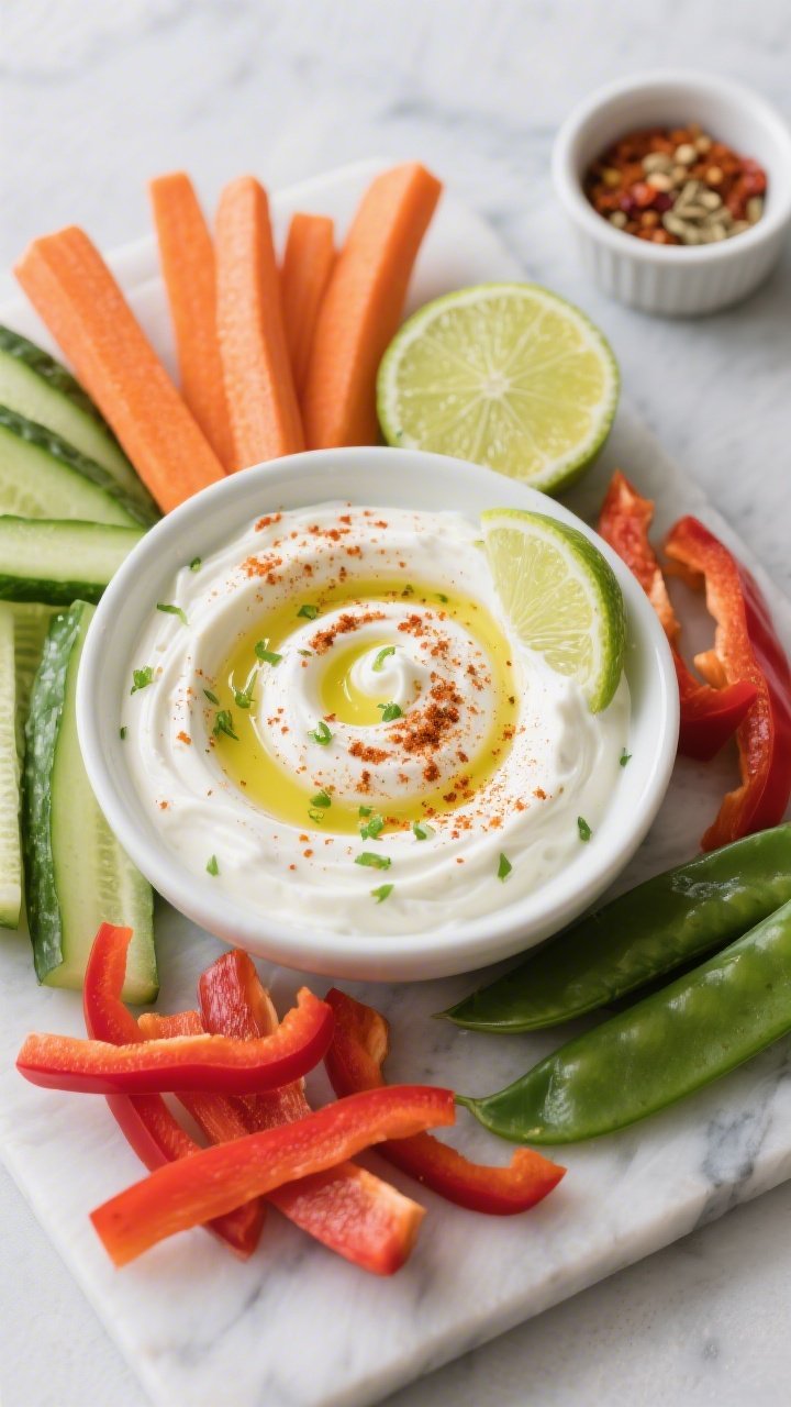 Overhead shot: A bowl of creamy chili-lime Greek yogurt dip swirled with olive oil, lime zest sprinkled on top, dusting of chili powder, cumin, and smoked paprika visible on the surface. Surround the bowl with crunchy veg dippers—vibrant carrot sticks, cucumber spears, red bell pepper strips, and snap peas—on a cool marble slab with halved limes and a small ramekin of spices for context. Bright, clean lighting, crisp textures, no people.