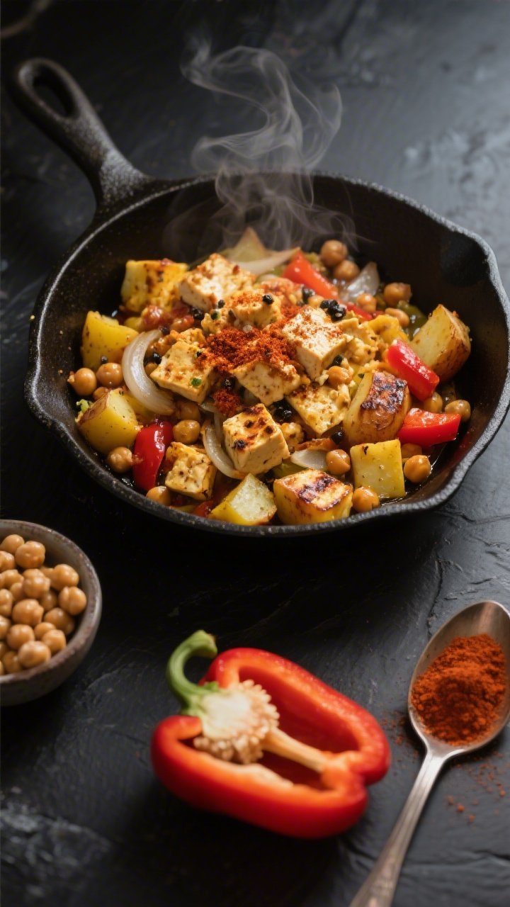 Overhead shot of a cast-iron skillet breakfast hash: golden crispy crumbled extra-firm tofu, smoky chickpeas, diced yellow onion, red bell pepper, and small russet potato cubes with charred edges, all glistening in olive oil; sprinkled with smoked paprika and black pepper; styled on a matte black surface with a small bowl of chickpeas, a halved red bell pepper, and a spoon with paprika to the side; warm, rustic morning light, steam rising, no people.