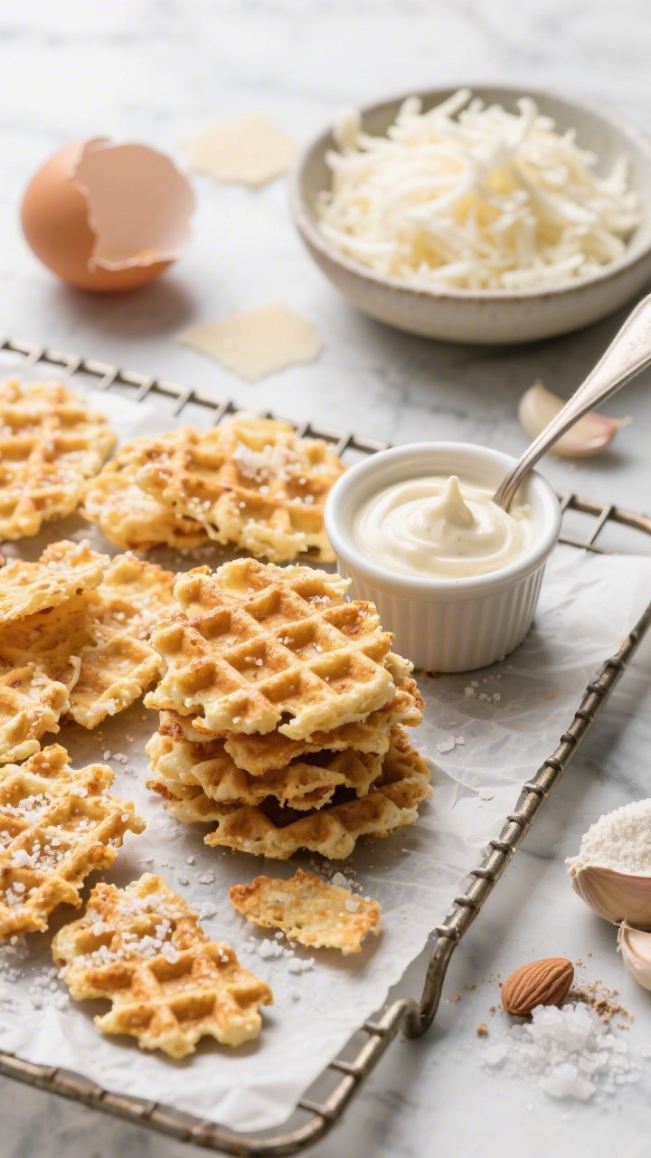 Overhead shot of crispy Parmesan chaffle chips stacked and scattered on a parchment-lined cooling rack, golden and lacey edges visible, with a small ramekin of creamy garlic dip beside them; ingredients subtly included in frame: a cracked large egg in a bowl, a pile of shredded mozzarella, finely grated Parmesan, a spoonful of almond flour, and pinches of baking powder and garlic powder; styled on a light marble surface with flaky salt; sharp focus on texture and blistered cheese, moody natural side light, no people.