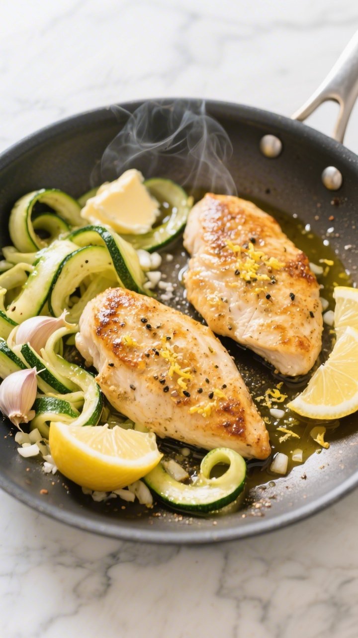 Overhead shot of lemon-garlic chicken cutlets seared golden in a stainless skillet with glossy zucchini ribbons twirled beside them; visible minced garlic, lemon slices, and a buttery olive oil pan sauce pooling; simple seasoning of kosher salt, black pepper, and garlic powder speckling the cutlets; steam rising, bright and clean low-carb vibe on a light marble surface, garnished with fresh lemon zest