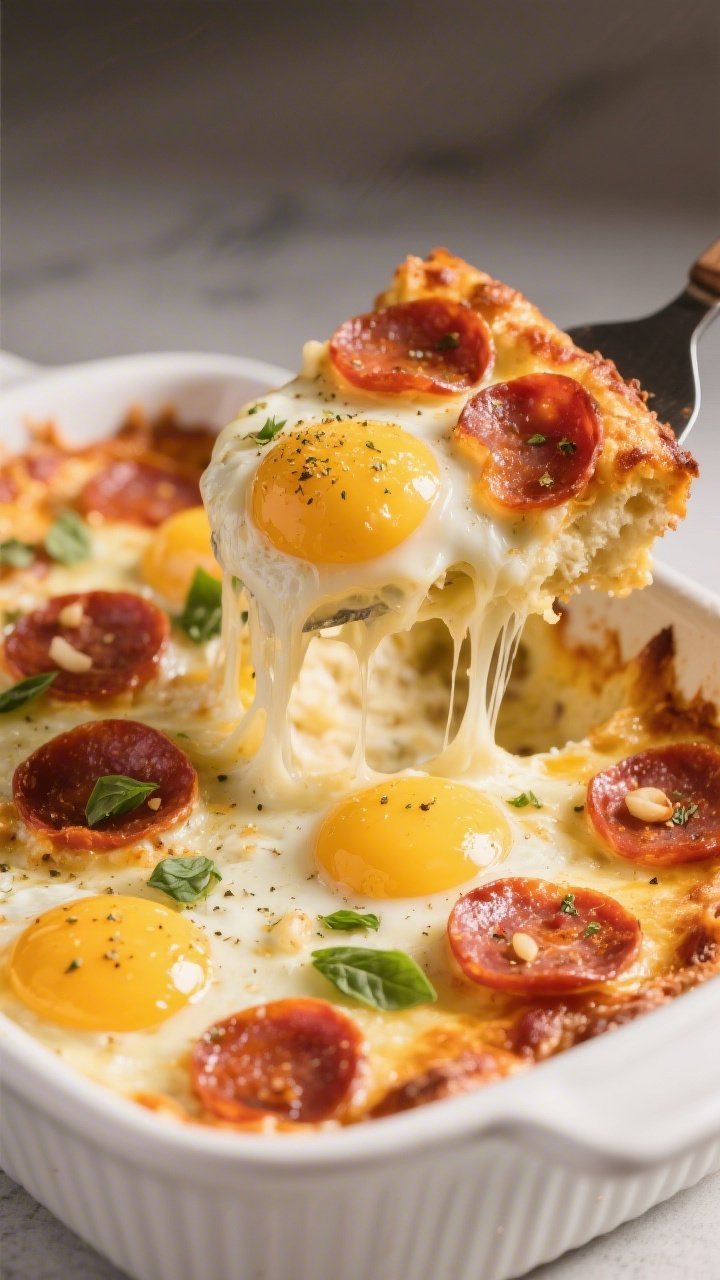 Straight-on, cozy casserole close-up of a pepperoni pizza egg bake: golden set eggs enriched with cream, Italian seasoning and garlic powder, melted mozzarella stretching at the cut edge, pepperoni cups slightly crisped with curled edges, scattered with a few chopped basil or oregano leaves. Served in a white ceramic baking dish with one square lifted on a spatula to reveal fluffy interior. Warm, inviting light emphasizing melted cheese and pepperoni texture.
