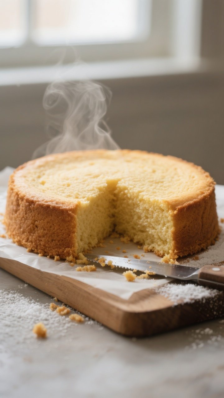 Close-up detail: A freshly baked no-mixer vanilla cake just out of the pan, golden top with a fine,