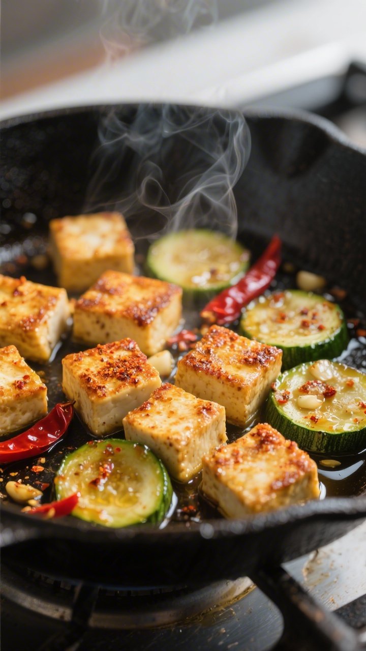 Close-up detail: Golden-crisp tofu cubes seared in olive oil with paprika and garlic powder, edges b