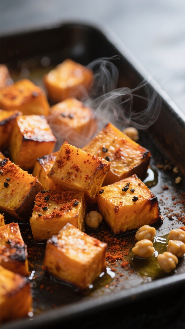 Close-up detail: Golden roasted sweet potato cubes dusted with smoked paprika and black pepper on a 