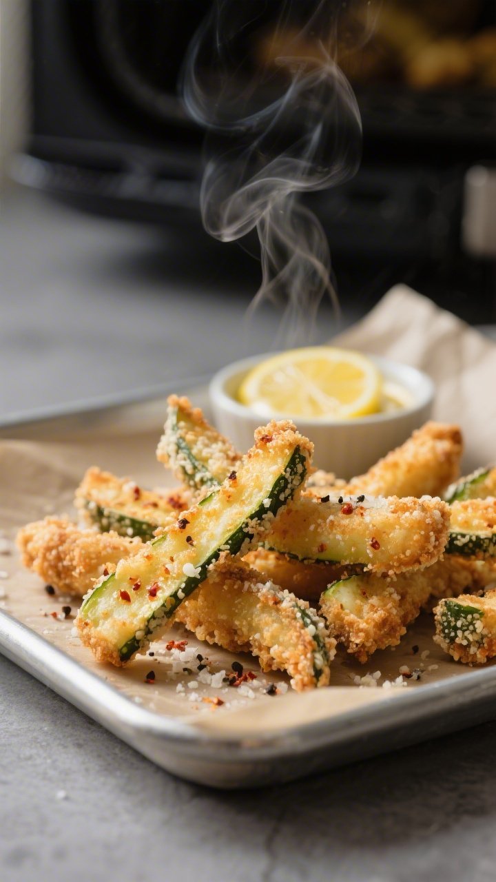 Close-up detail: Ultra-crispy zucchini fries fresh from the air fryer, panko-Parmesan crust visibly 