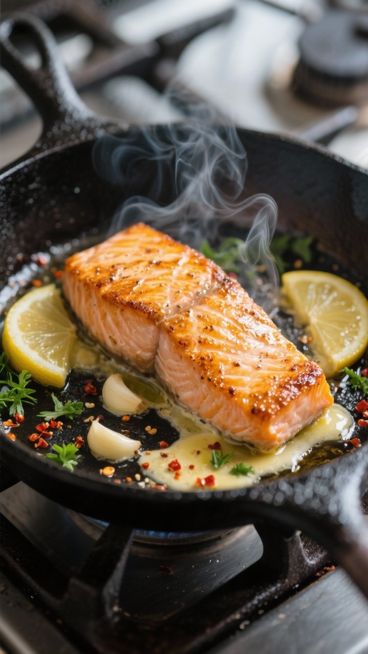Cooking process, close-up detail: Pan-seared salmon sizzling in a black cast-iron skillet with garli
