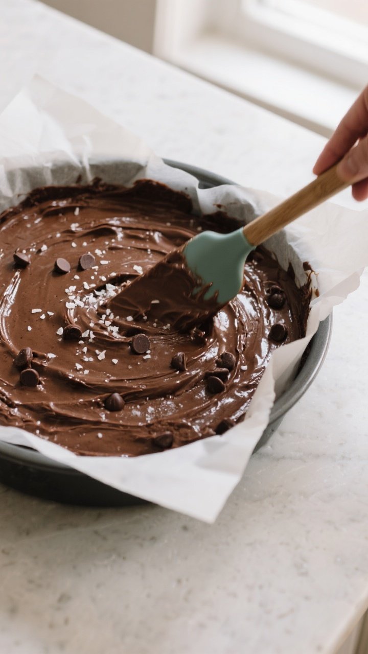 Cooking process: Overhead shot of the thick, chocolate-forward brownie batter being smoothed into a