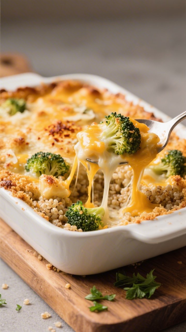 Final dish, comfort-food presentation: Cheesy Baked Quinoa “Mac” just out of the oven in a small