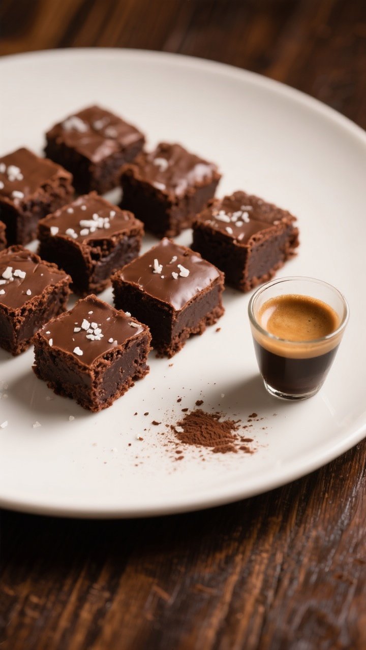 Final dish presentation: Beautifully plated small squares of fudgy brownies (6–8 pieces) arranged