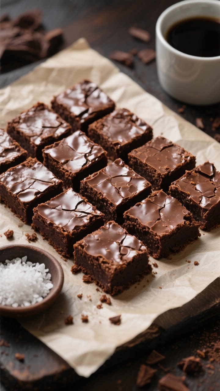 Final dish presentation: Tasty top view of a neat grid of perfectly cut brownie squares arranged on