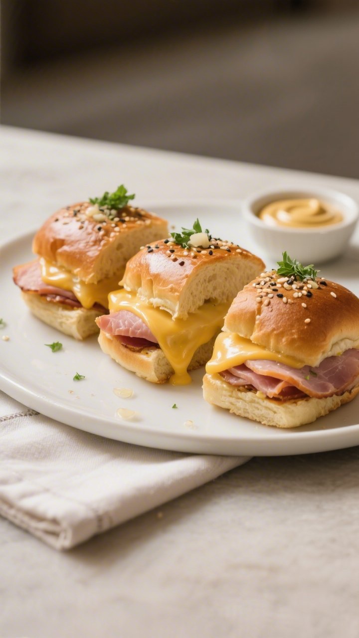Final dish presentation: Three neatly cut buttery ham sliders plated on a matte white plate, cheese 