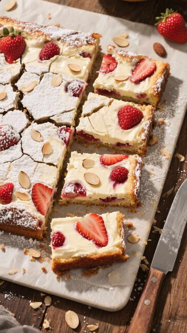Overhead “tasty top view” of the Strawberry Earthquake Cake being cut into squares after a 20–