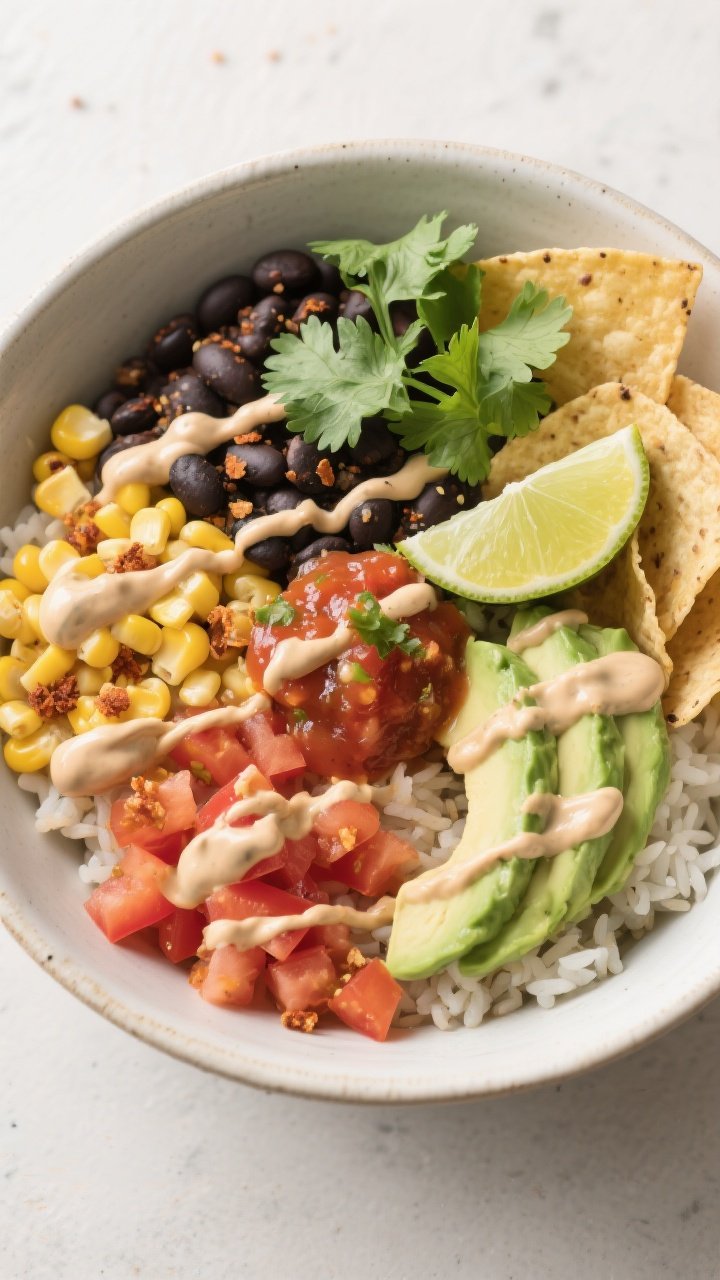Tasty top view, bowl build: Overhead shot of hearty black bean taco bowl arranged in neat, colorful