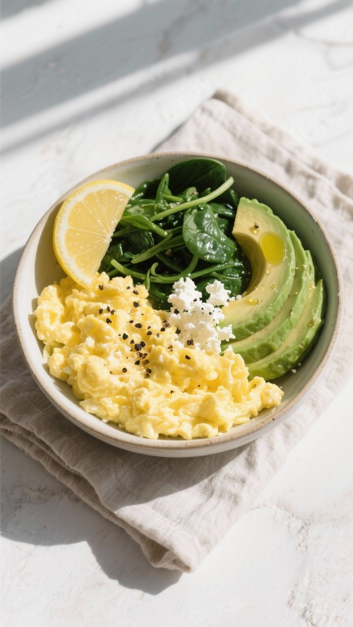 Tasty top view — Egg + Greens Bowl: Overhead shot of a keto bowl featuring soft-scrambled eggs (cr