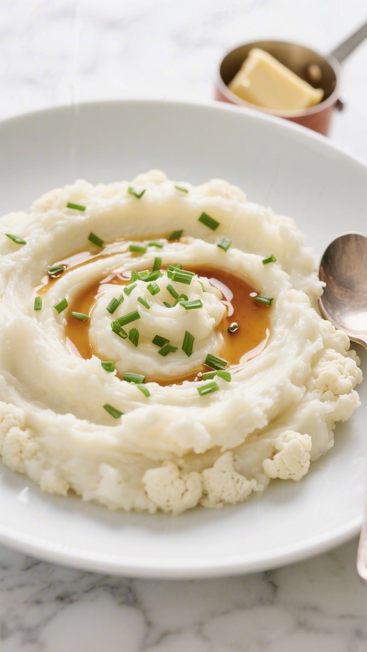 45-degree angle plated presentation of ultra-smooth creamy cauliflower mash in a shallow white bowl, topped with a glossy pool of browned butter and a shower of finely snipped chives. Visible swirls showing silky texture from heavy cream and cream cheese; a small saucepan of nutty golden butter and a spoon off to the side. Clean, bright light on a marble surface to highlight pale ivory mash contrasted with emerald chives.