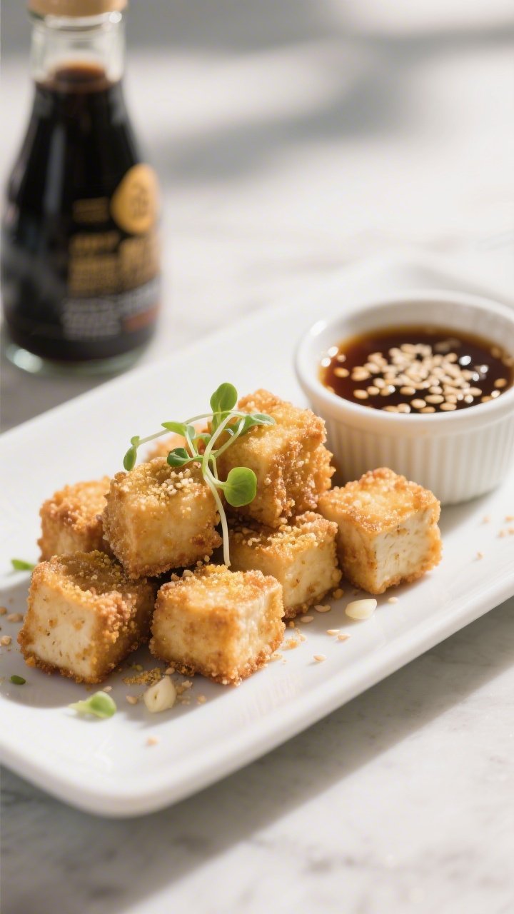 A 45-degree plated presentation of crunchy tofu nuggets, each 1-inch cube coated with cornstarch, nutritional yeast, and a hint of garlic powder, ultra-crisp edges; accompanied by a small ramekin of glossy sesame-ginger dip, soy sauce bottle blurred in the background; sprinkled sesame seeds and microgreens for freshness, bright natural light to emphasize crunch