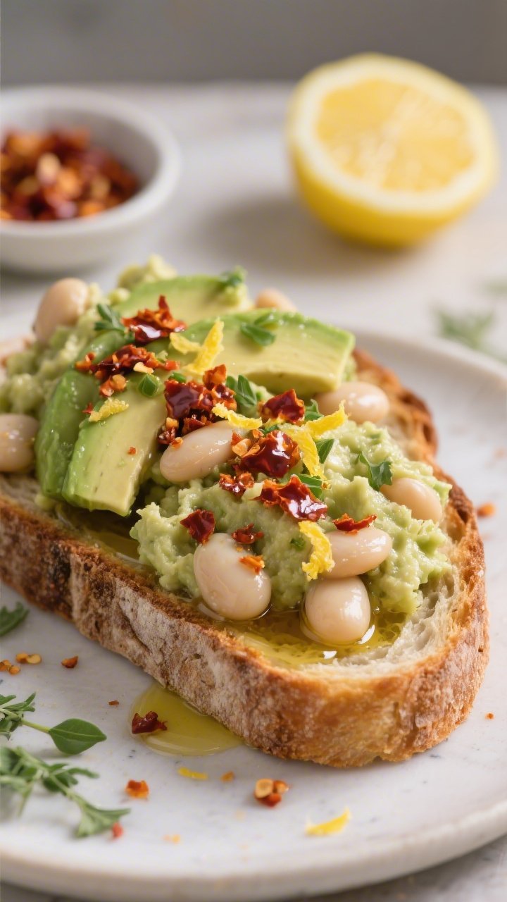 A close-up of smashed white bean, avocado, and herb toast with chili crunch: thick artisan toast topped with a rustic mash of cannellini beans and ripe avocado blended with lemon juice, lemon zest, extra-virgin olive oil, and minced garlic, flecked with fresh herbs; glossy chili crunch drizzled over, olive oil pooling slightly, visible citrus zest; shot straight-on at table level to highlight layers and texture, with a small dish of chili crunch and a zested lemon in the background.
