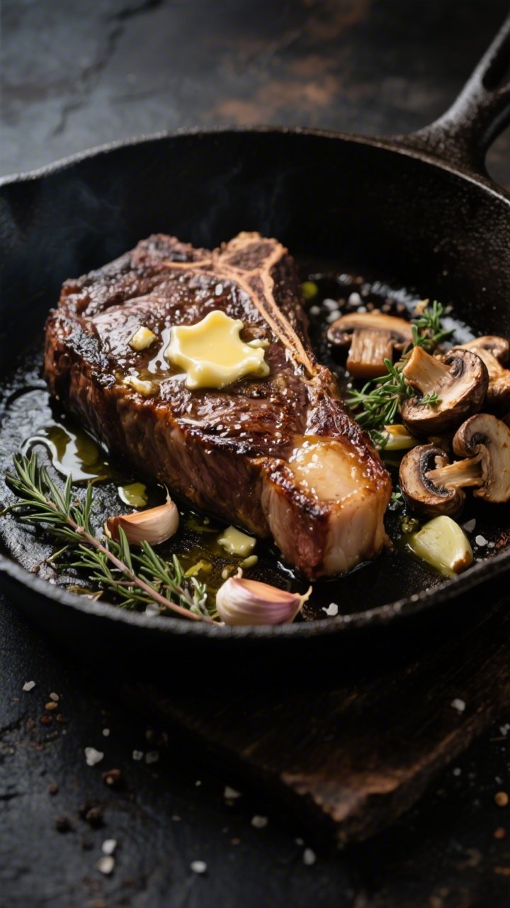 A dramatic 45-degree close-up of a garlicky butter-basted ribeye steak in a cast-iron skillet, edges deeply seared, glistening with melted unsalted butter and smashed garlic cloves; crispy herb mushrooms piled alongside, flecked with kosher salt and black pepper, a sheen of avocado oil on the pan; sprigs of thyme and browned garlic visible, butter bubbling, moody side lighting on a dark rustic surface for a rich, steakhouse vibe