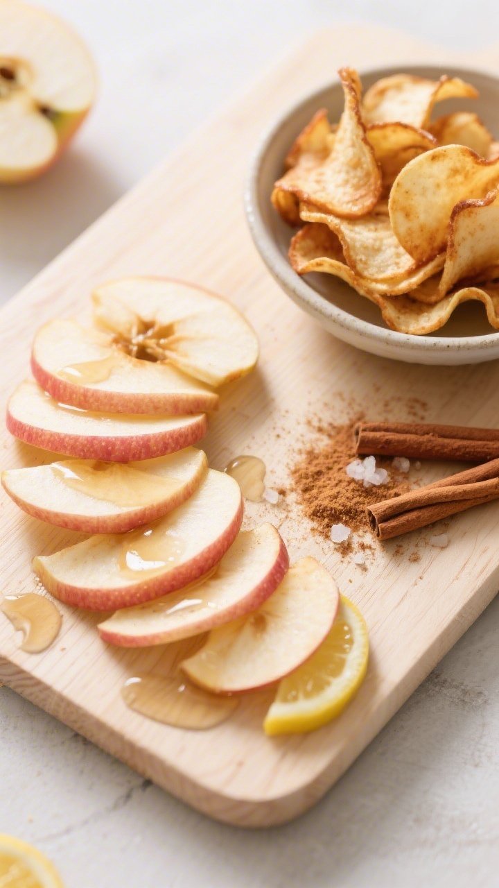An ingredients-to-finish overhead sequence on a light wooden board: ultra-thin apple slices (Honeycrisp/Pink Lady/Fuji) fanned out, lightly brushed with lemon juice, maple syrup, and a dusting of ground cinnamon with a pinch of sea salt; a portion already air-fried into crisp, curled apple chips in a small bowl; bright, airy lighting for cozy fall warmth