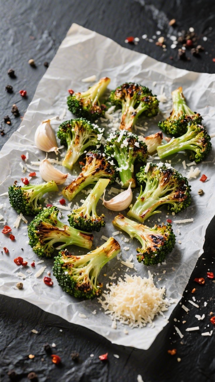 An overhead flat-lay of roasted garlic-parmesan broccoli florets on a parchment-lined sheet, lightly charred tips and vibrant green cores; grated garlic and crushed red pepper scattered, fresh-cracked black pepper visible, and a small mound of finely grated Parmesan off to the side ready to sprinkle; styled on a dark slate surface for contrast, crisp, punchy lighting