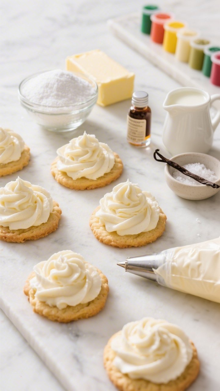 An overhead shot of Classic Vanilla Buttercream being piped in thick, swirl rosettes onto golden sugar cookies on a cool white marble slab; visible ingredients include a block of softened unsalted butter, a mound of sifted powdered sugar in a glass bowl, a small pitcher with heavy cream, a bottle of pure vanilla extract, a pinch bowl of fine sea salt, and a row of gel food coloring pots; soft natural side light emphasizing the creamy, fluffy texture that holds its shape; neutral ceramics and a clean piping bag with a star tip in frame; bright, inviting mood.