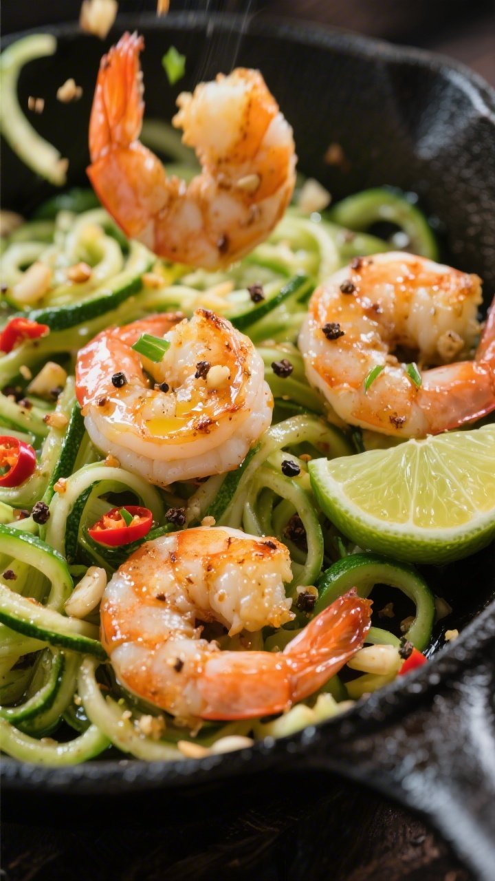 Close-up action shot of zesty shrimp zoodles: large shrimp seared in garlic-lime butter glistening with tiny browned garlic bits, tossed with vibrant green zucchini noodles; micro-beads of lime juice on the shrimp, flecks of black pepper and red chili; butter and olive oil sheen visible; captured mid-toss in a black skillet with a lime half nearby.