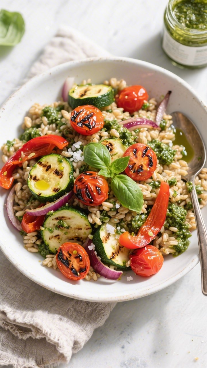 Overhead charred veggie and pesto farro salad: a wide white bowl piled with chewy farro tossed in vibrant green pesto, topped with blistered cherry tomatoes, char-marked zucchini half-moons, roasted red bell pepper strips, and sweet caramelized red onion slivers, olive oil droplets catching light, fresh basil leaves tucked in, sea salt flakes visible, set on a rustic linen with a serving spoon and a jar of pesto nearby, bright daylight