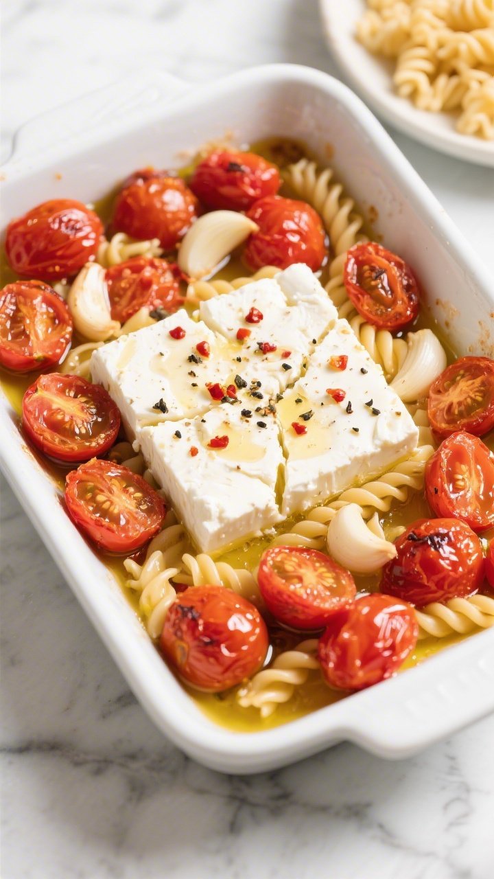 Overhead final bake of viral baked feta and burst tomato pasta: an 8-oz block of feta nestled among cherry tomatoes, all blistered and juicy, bathed in olive oil with sliced garlic, red pepper flakes, and cracked black pepper; the feta cracked and creamy, ready to be stirred into al dente short pasta (fusilli visible on the side, just cooked); shot in a white baking dish on a marble surface, bright natural light to highlight the glossy tomato juices and oil.