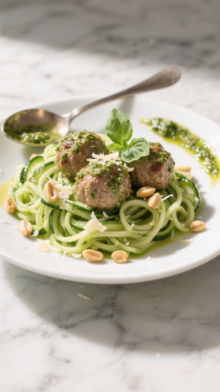 Overhead plated presentation of creamy pesto turkey meatballs over zucchini noodles: tender turkey meatballs coated in luscious basil pesto cream sauce, twirled atop vibrant green zoodles with glossy strands; toasted pine nuts and grated Parmesan scattered; a drizzle of olive oil and a few torn basil leaves for freshness; white shallow bowl on a marble surface with a spoon swipe of pesto at the edge; bright, fresh, Italian-inspired mood, crisp focus.