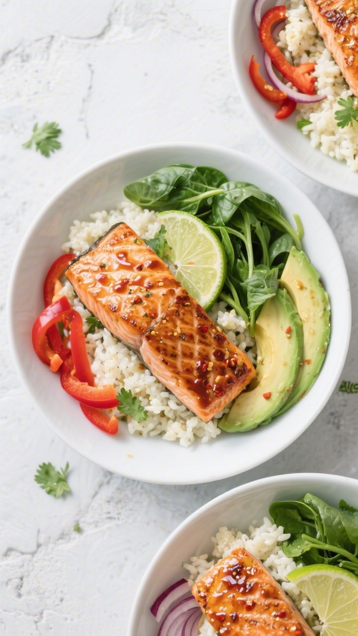 Overhead shot of chili-lime salmon bowls: seared skin-on salmon fillets with a glossy chili-lime glaze atop fluffy cauliflower “rice,” surrounded by thinly sliced red bell pepper, thin red onion, ripe avocado slices, and a handful of baby spinach, garnished with lime wedges and cilantro; served in wide white bowls on a light stone surface, bright and clean styling, emphasis on contrasting textures of crispy salmon skin and tender cauliflower rice.