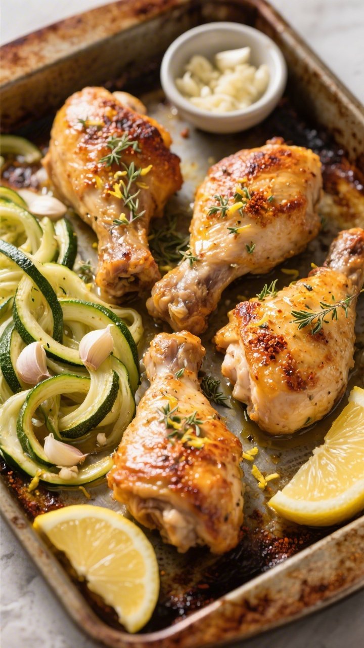 Overhead shot of crispy lemon-herb chicken thighs just out of the oven: golden, blistered skin glistening with olive oil, lemon zest sprinkled on top, flecks of dried oregano, thyme, and smoked paprika visible; served beside silky garlicky zucchini ribbons tossed with minced garlic and a squeeze of fresh lemon juice. Styled on a warm rustic sheet pan with lemon halves and a small bowl of minced garlic; high contrast, natural window light, shallow shadows, no people.
