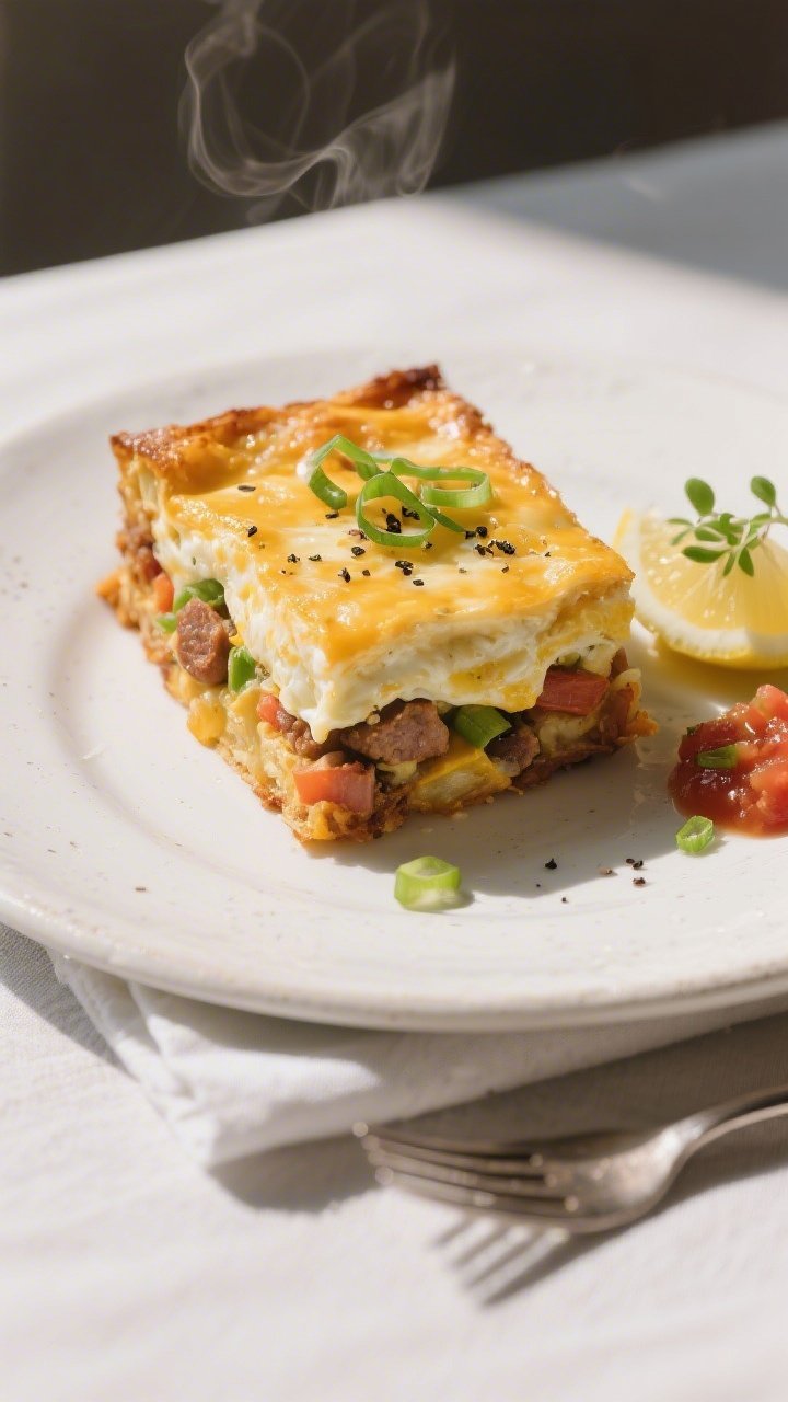 Final plated dish: Restaurant-quality presentation of a neat square slice of breakfast casserole on
